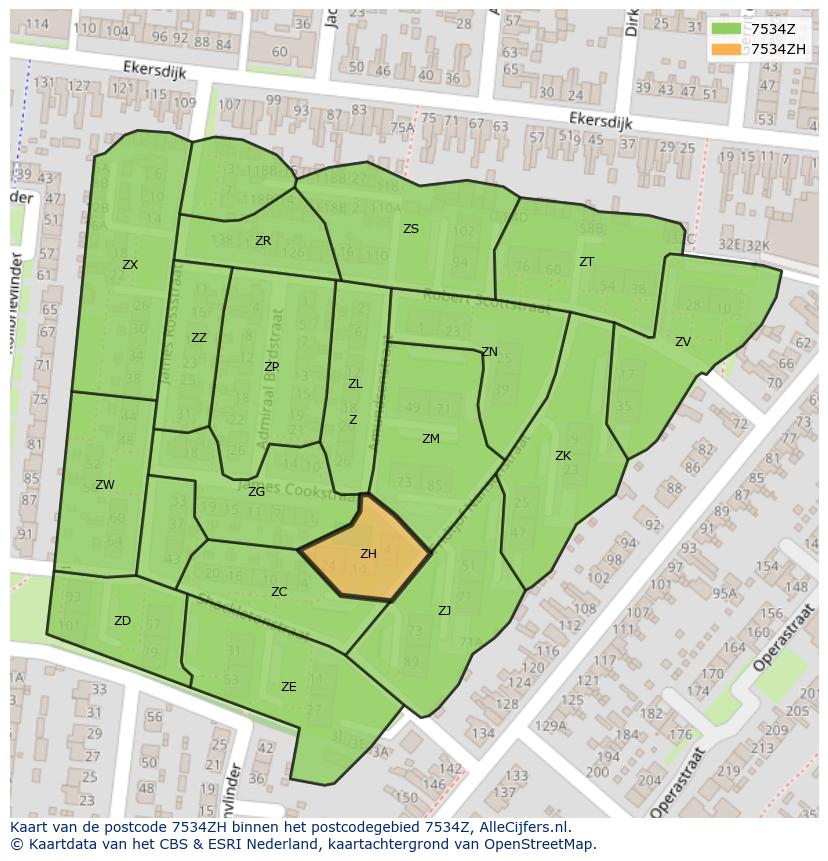 Afbeelding van het postcodegebied 7534 ZH op de kaart.