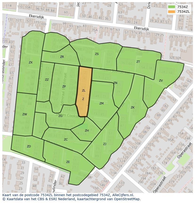 Afbeelding van het postcodegebied 7534 ZL op de kaart.