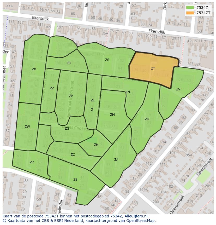 Afbeelding van het postcodegebied 7534 ZT op de kaart.