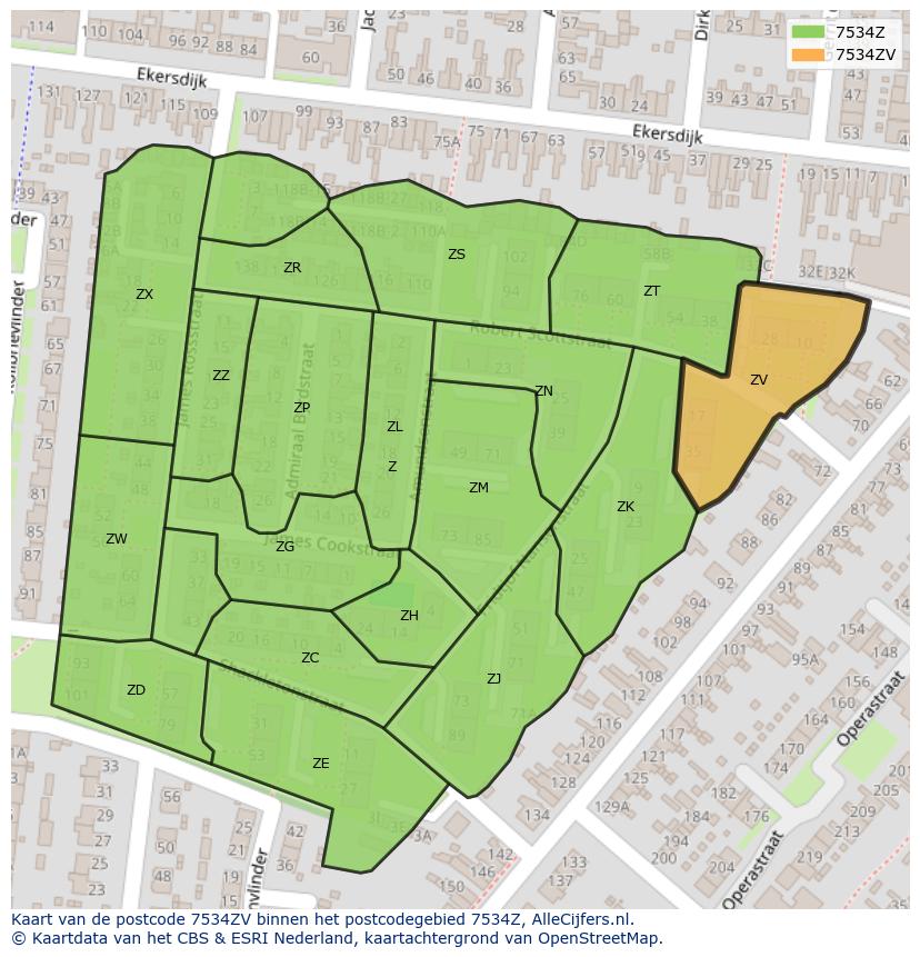 Afbeelding van het postcodegebied 7534 ZV op de kaart.