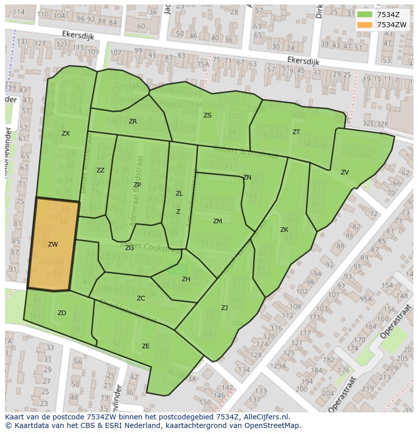 Afbeelding van het postcodegebied 7534 ZW op de kaart.