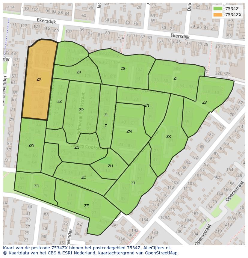 Afbeelding van het postcodegebied 7534 ZX op de kaart.
