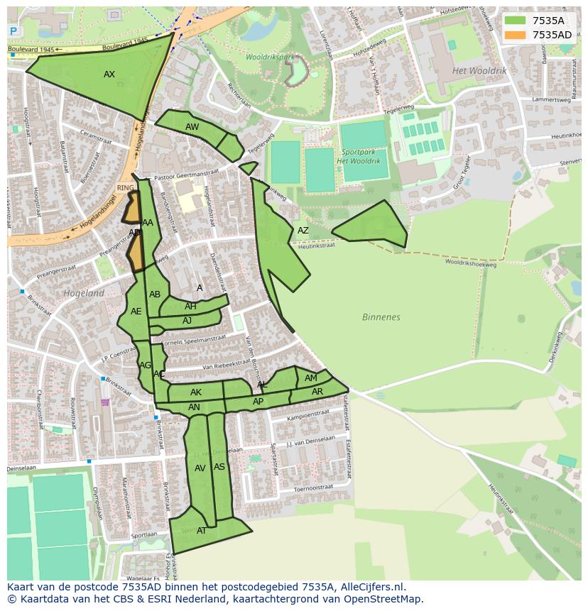 Afbeelding van het postcodegebied 7535 AD op de kaart.
