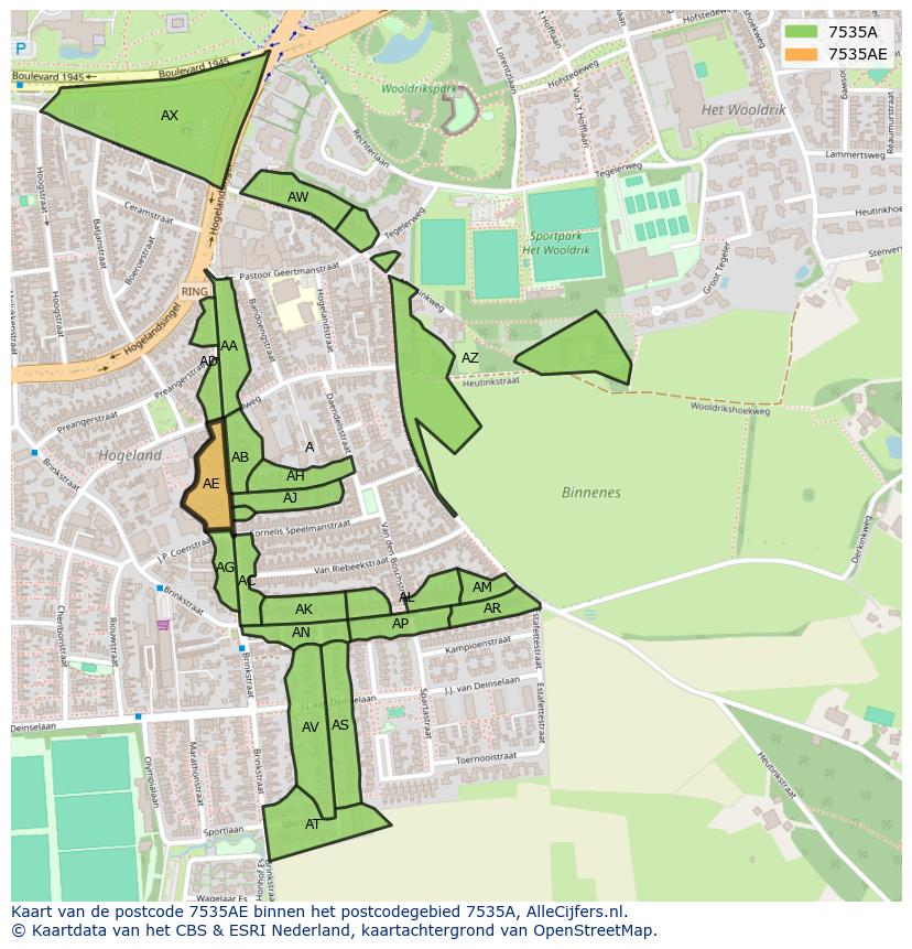Afbeelding van het postcodegebied 7535 AE op de kaart.