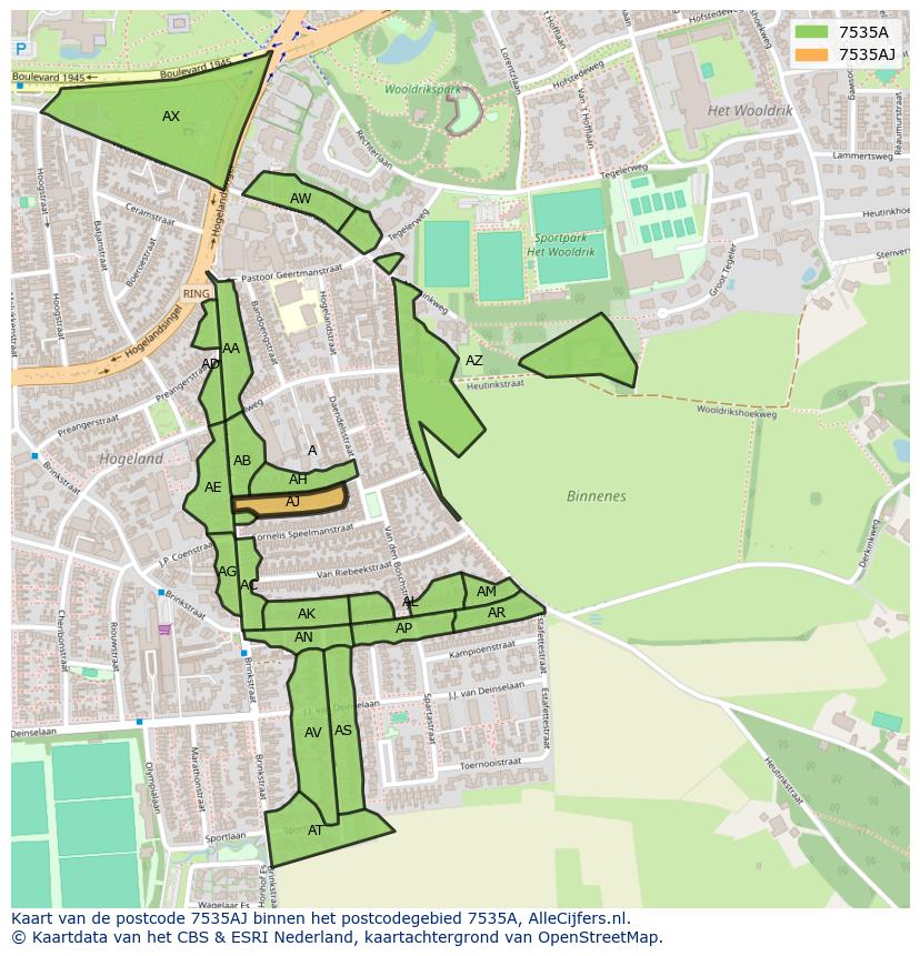 Afbeelding van het postcodegebied 7535 AJ op de kaart.