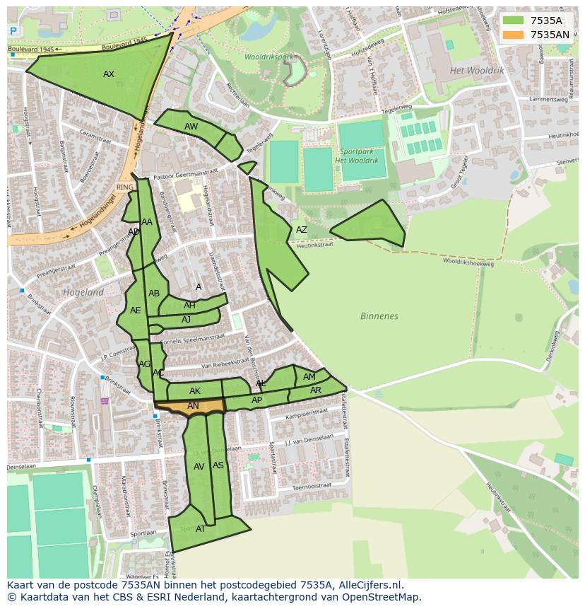 Afbeelding van het postcodegebied 7535 AN op de kaart.