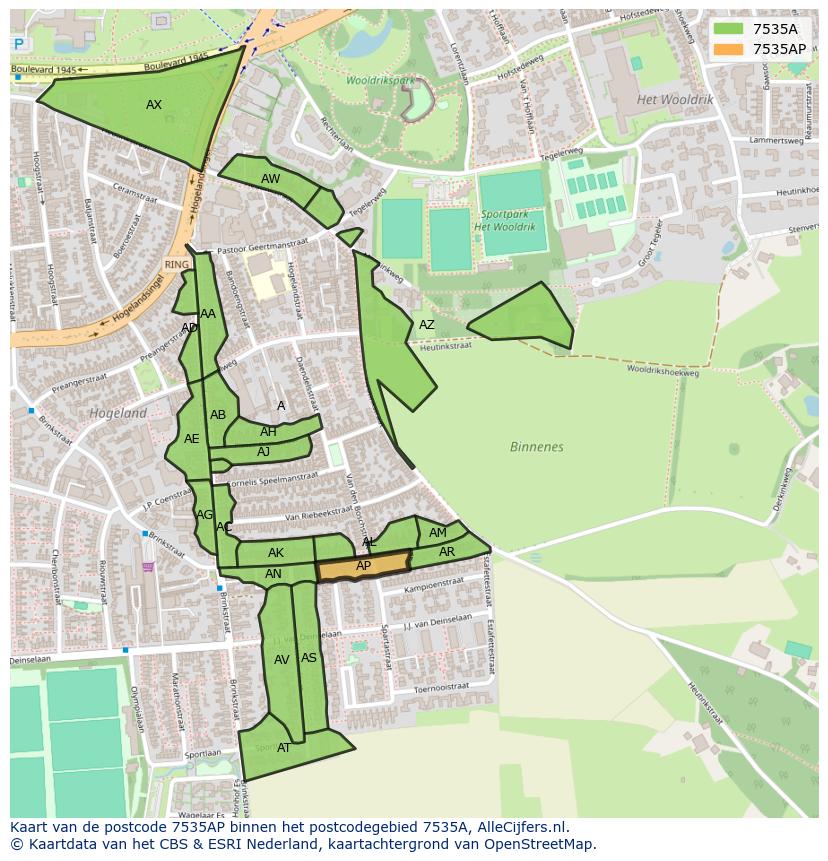 Afbeelding van het postcodegebied 7535 AP op de kaart.