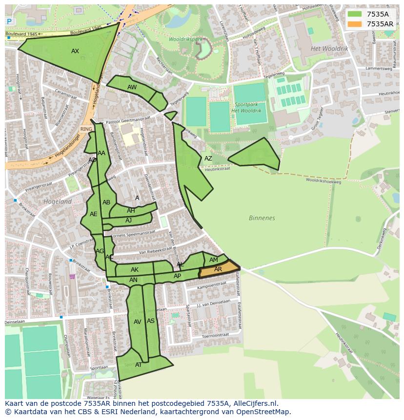 Afbeelding van het postcodegebied 7535 AR op de kaart.