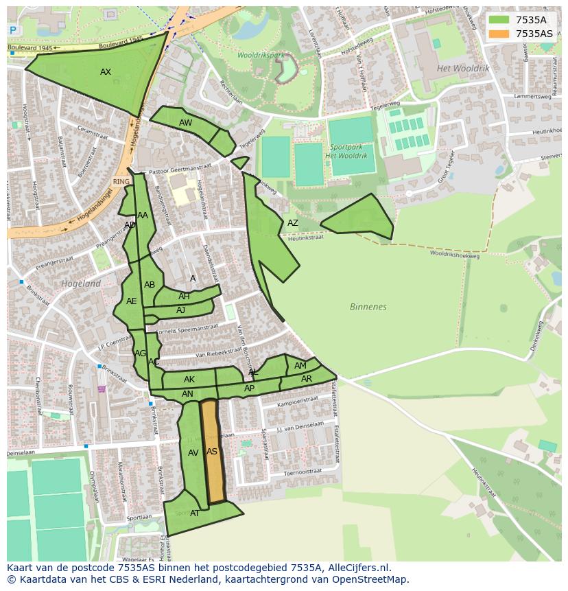 Afbeelding van het postcodegebied 7535 AS op de kaart.