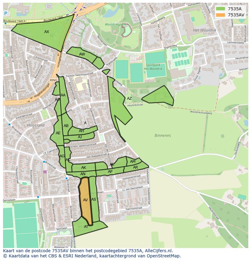 Afbeelding van het postcodegebied 7535 AV op de kaart.