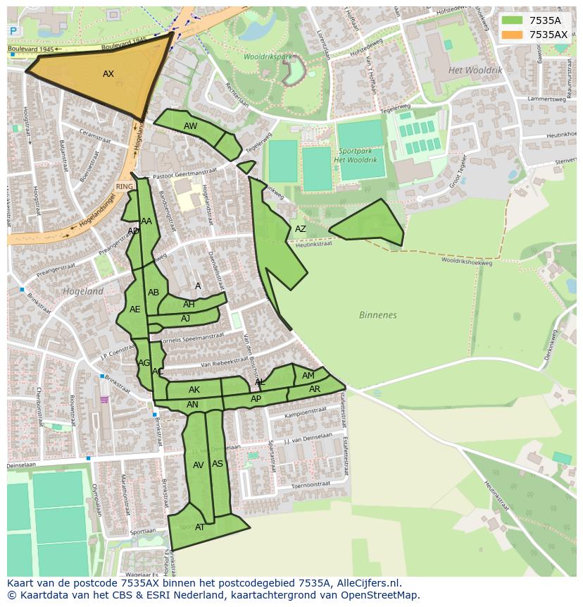Afbeelding van het postcodegebied 7535 AX op de kaart.