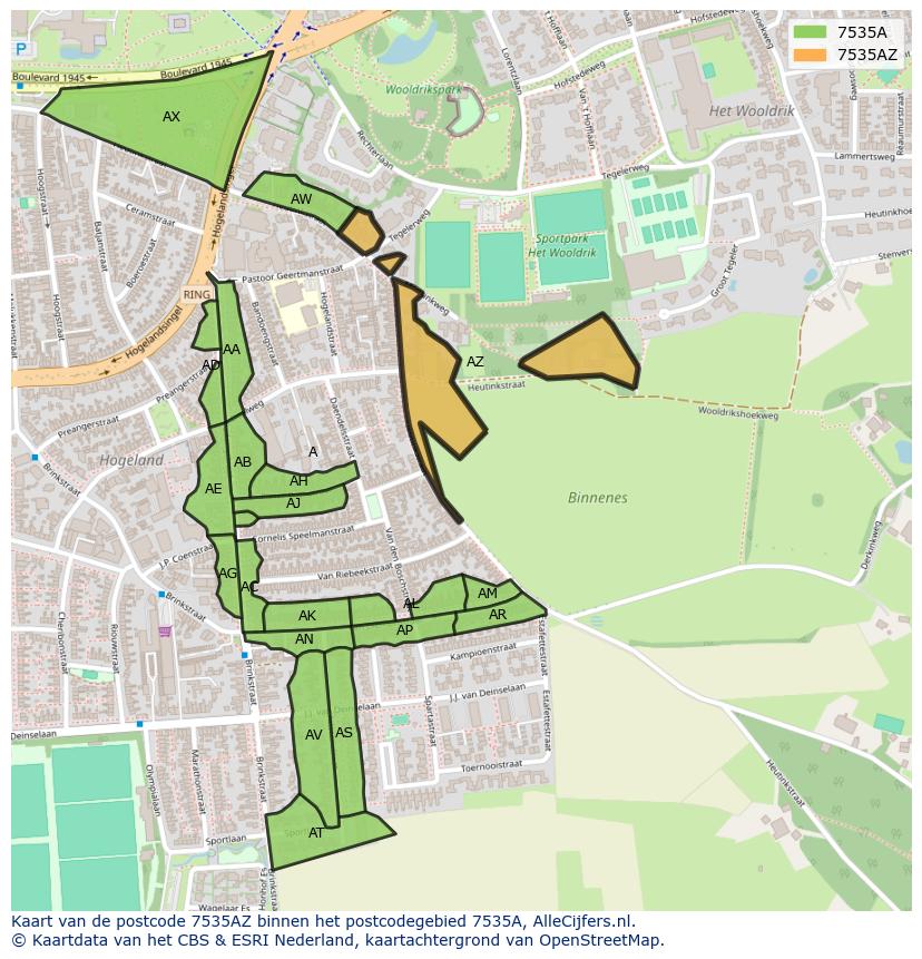 Afbeelding van het postcodegebied 7535 AZ op de kaart.