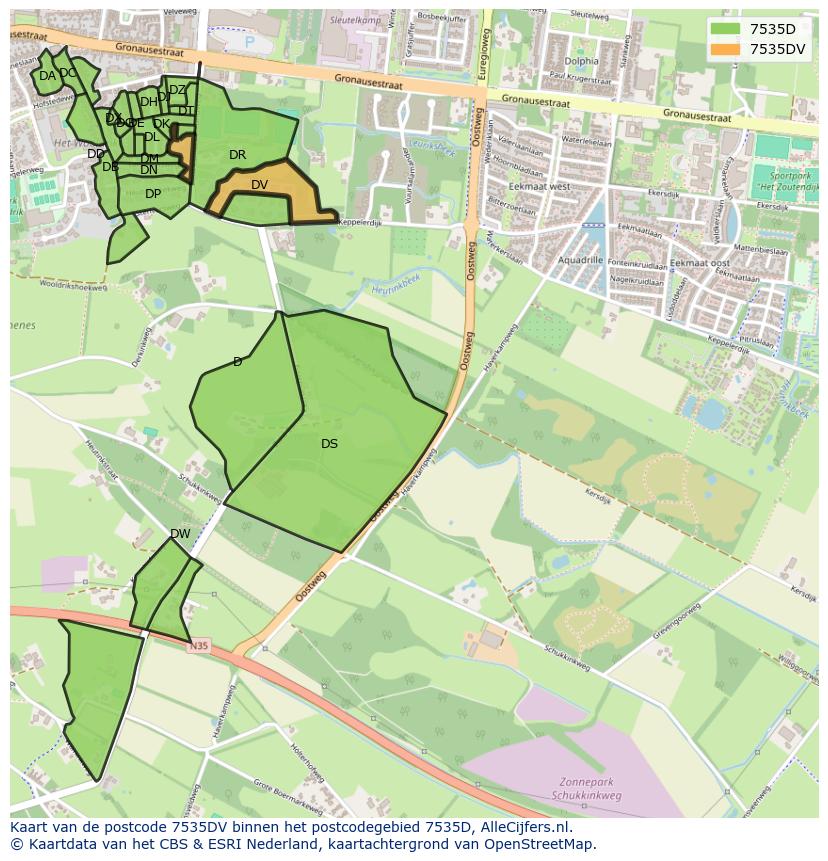 Afbeelding van het postcodegebied 7535 DV op de kaart.