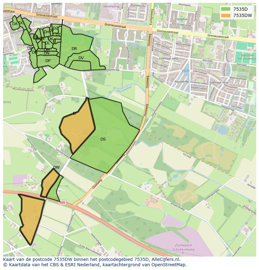 Afbeelding van het postcodegebied 7535 DW op de kaart.