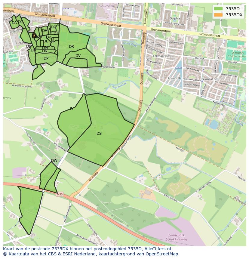Afbeelding van het postcodegebied 7535 DX op de kaart.