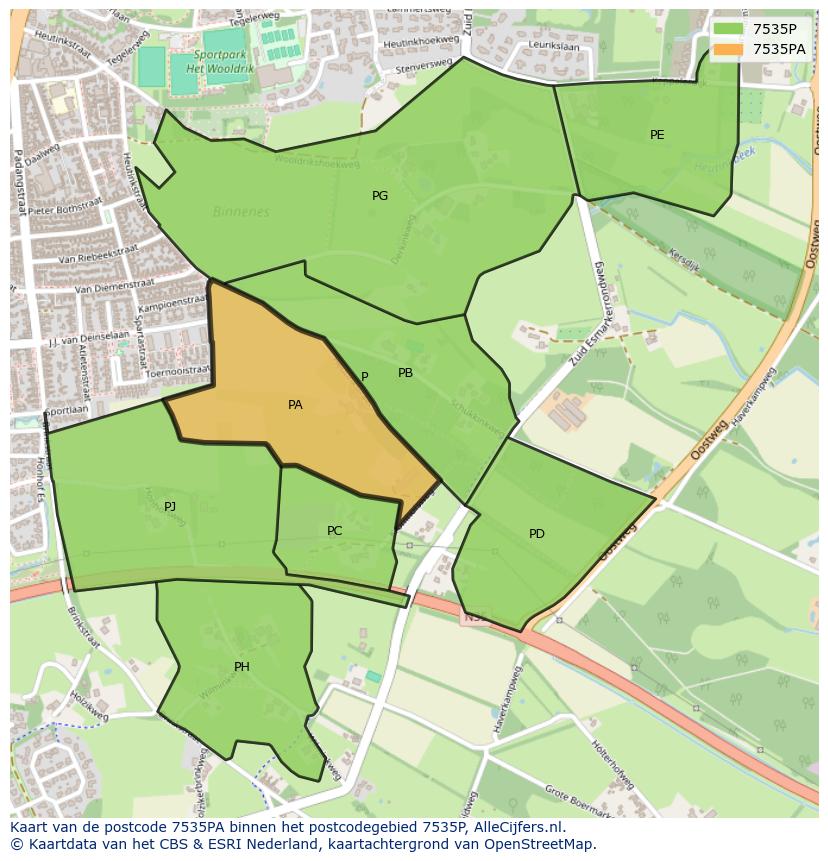 Afbeelding van het postcodegebied 7535 PA op de kaart.