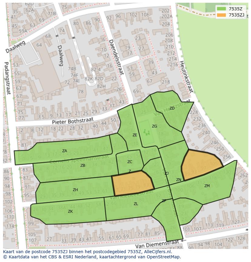 Afbeelding van het postcodegebied 7535 ZJ op de kaart.