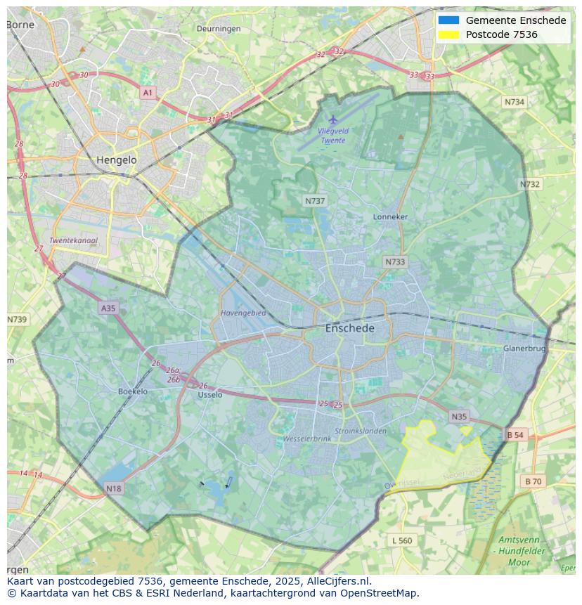 Afbeelding van het postcodegebied 7536 op de kaart.