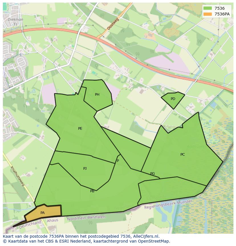 Afbeelding van het postcodegebied 7536 PA op de kaart.