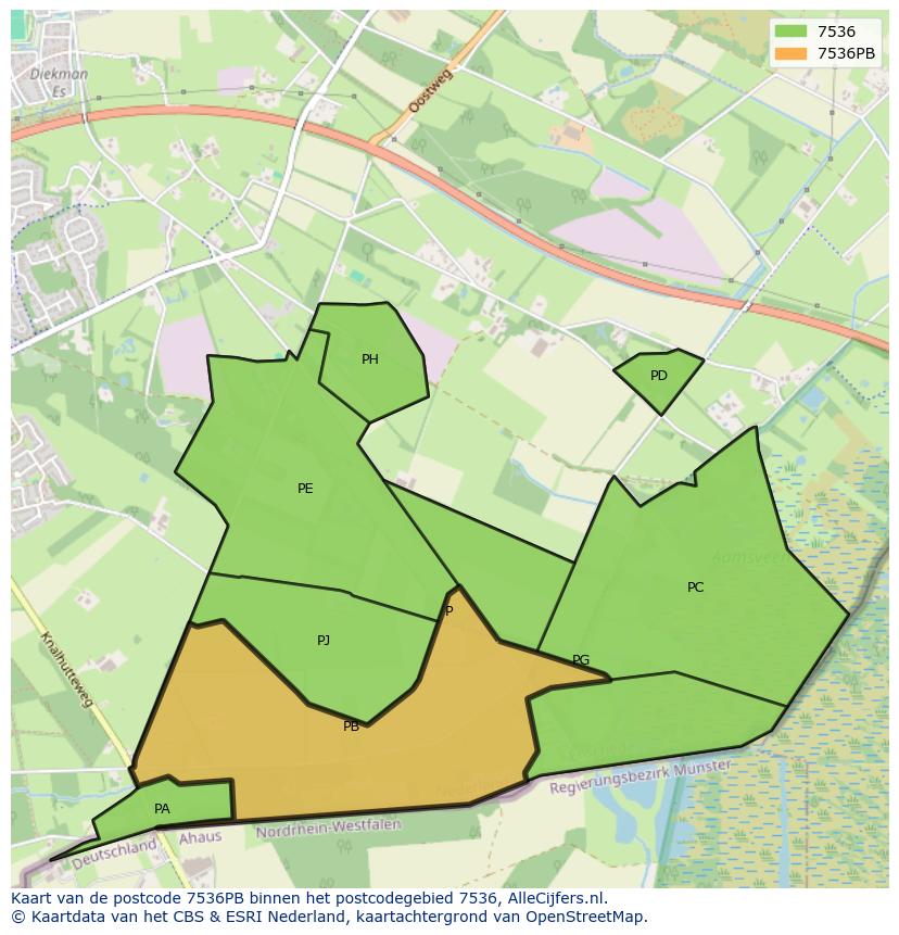 Afbeelding van het postcodegebied 7536 PB op de kaart.