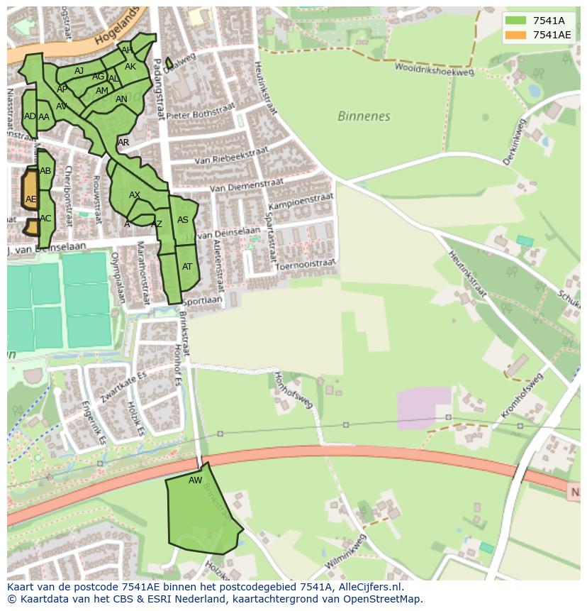 Afbeelding van het postcodegebied 7541 AE op de kaart.