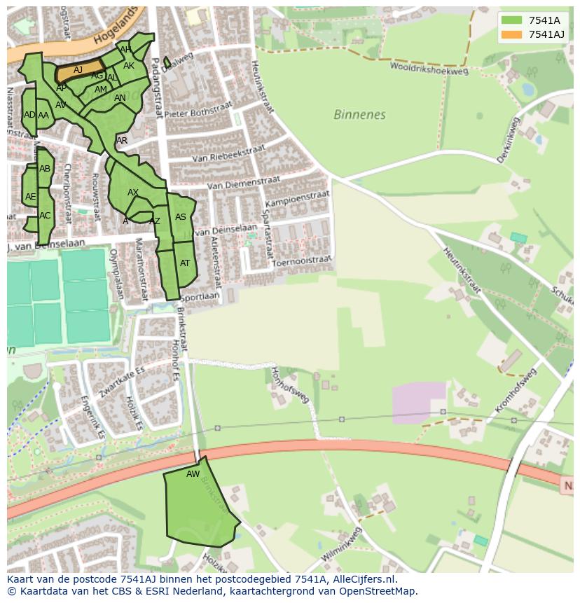 Afbeelding van het postcodegebied 7541 AJ op de kaart.