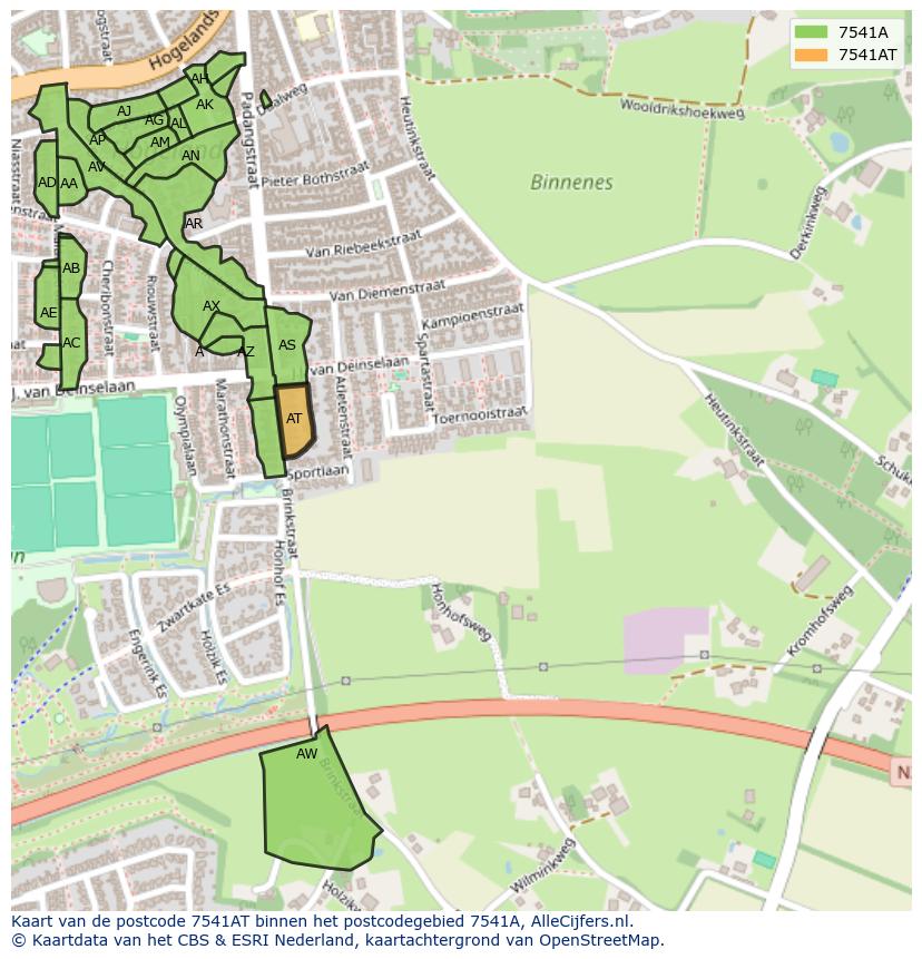 Afbeelding van het postcodegebied 7541 AT op de kaart.