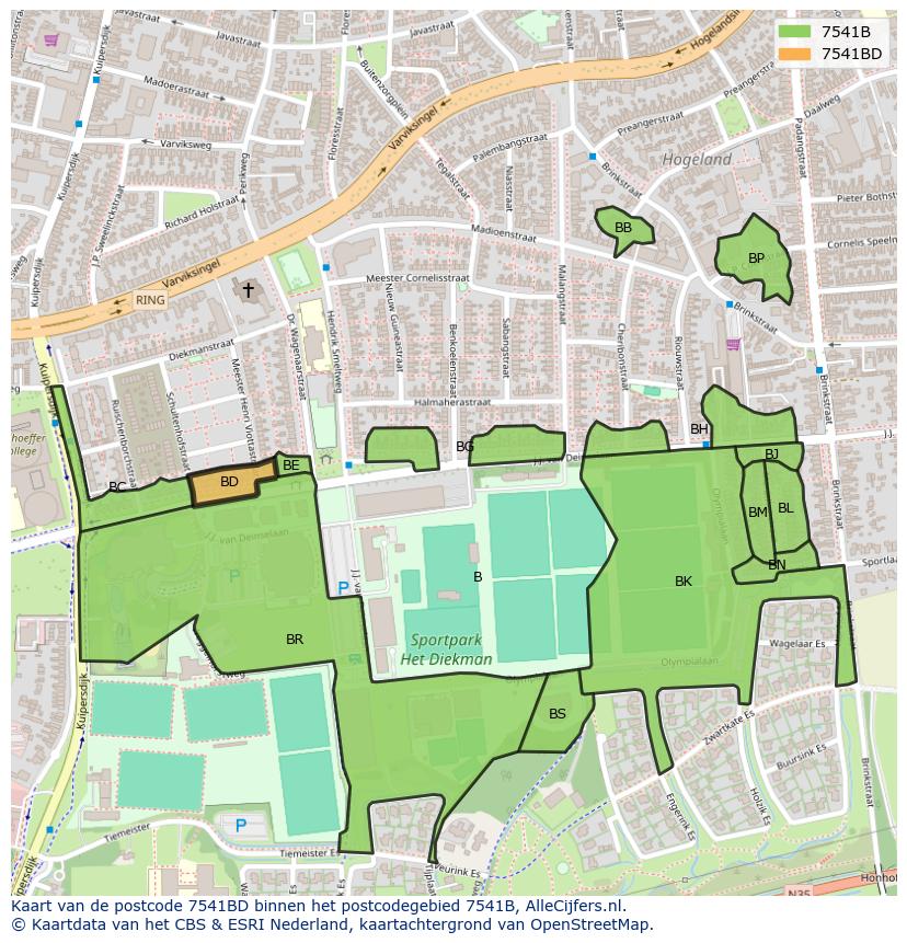 Afbeelding van het postcodegebied 7541 BD op de kaart.