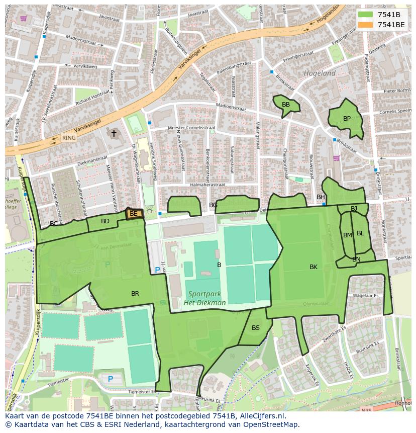 Afbeelding van het postcodegebied 7541 BE op de kaart.