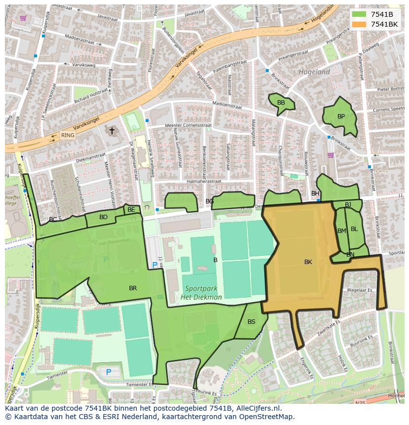 Afbeelding van het postcodegebied 7541 BK op de kaart.