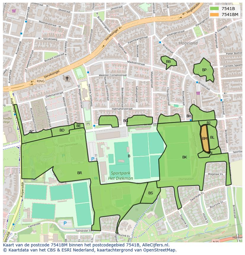 Afbeelding van het postcodegebied 7541 BM op de kaart.