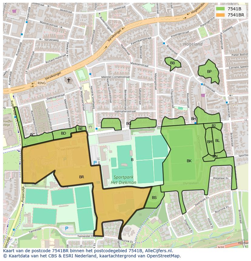 Afbeelding van het postcodegebied 7541 BR op de kaart.