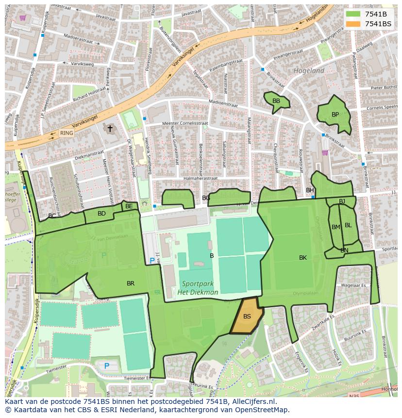 Afbeelding van het postcodegebied 7541 BS op de kaart.