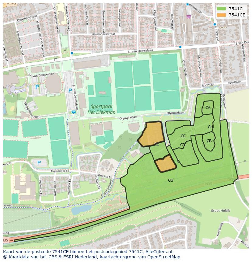 Afbeelding van het postcodegebied 7541 CE op de kaart.