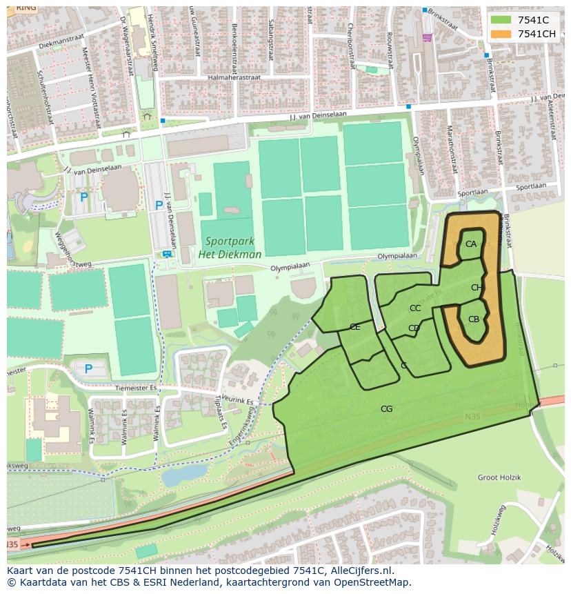 Afbeelding van het postcodegebied 7541 CH op de kaart.