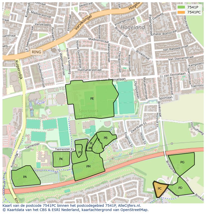 Afbeelding van het postcodegebied 7541 PC op de kaart.