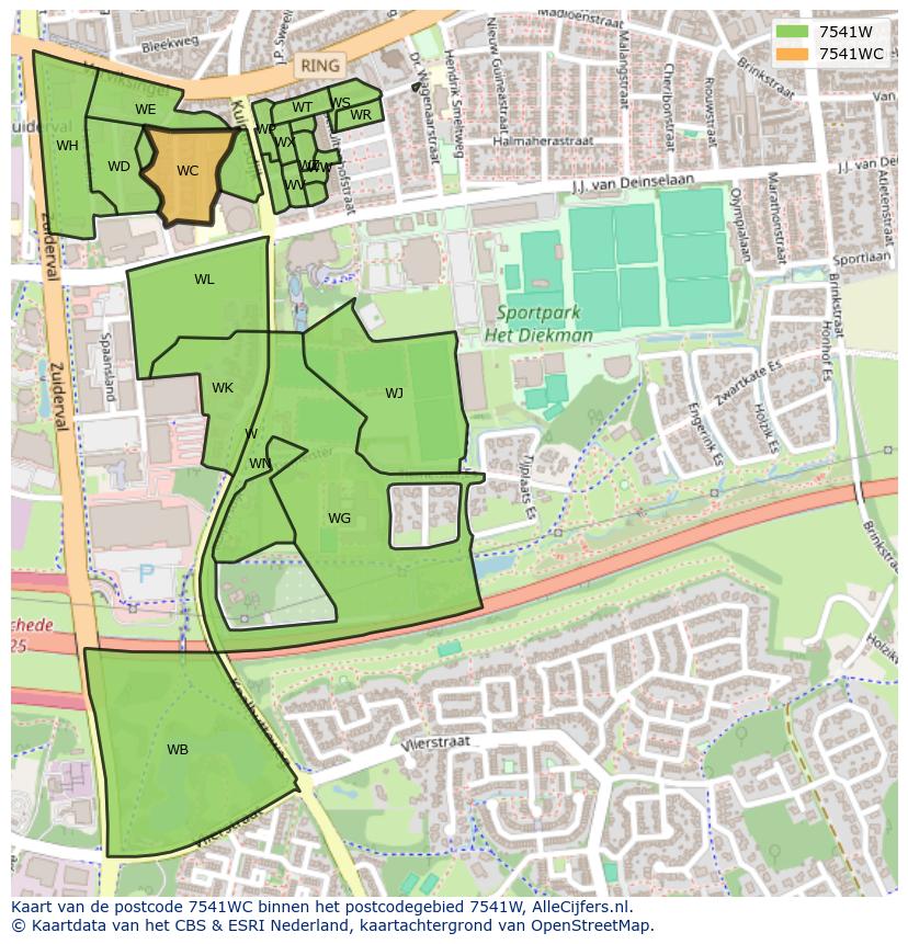 Afbeelding van het postcodegebied 7541 WC op de kaart.
