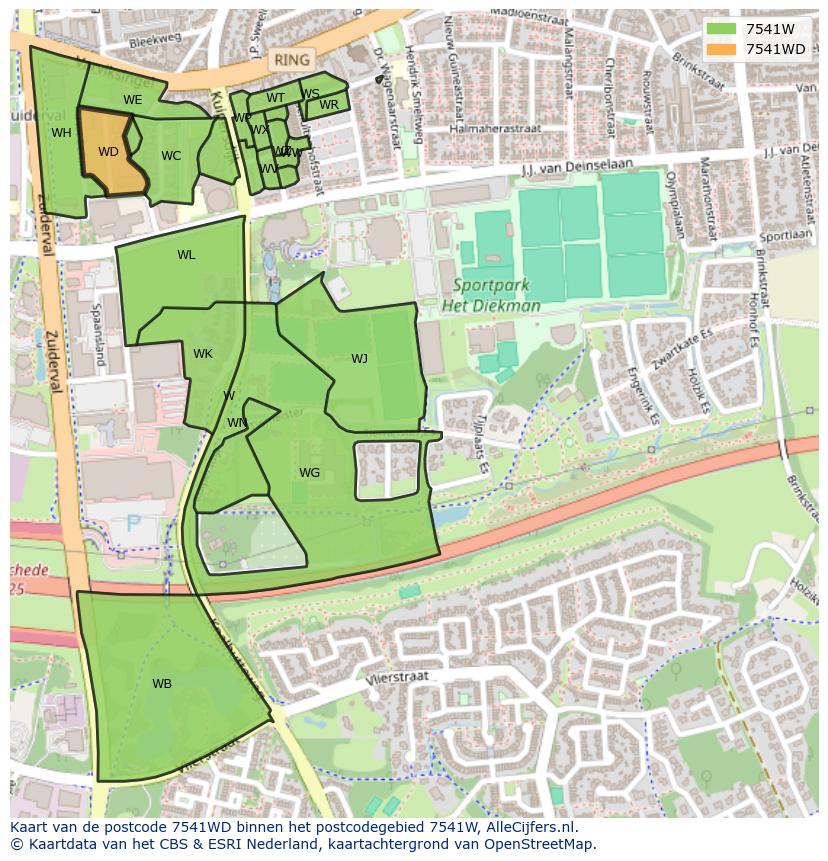 Afbeelding van het postcodegebied 7541 WD op de kaart.