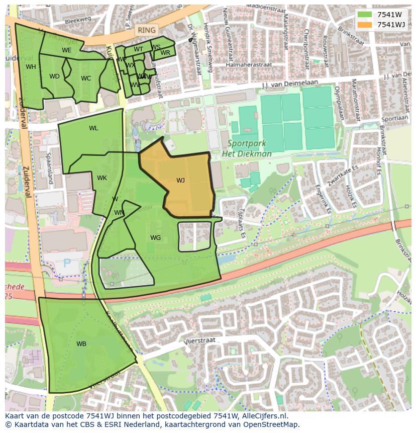 Afbeelding van het postcodegebied 7541 WJ op de kaart.