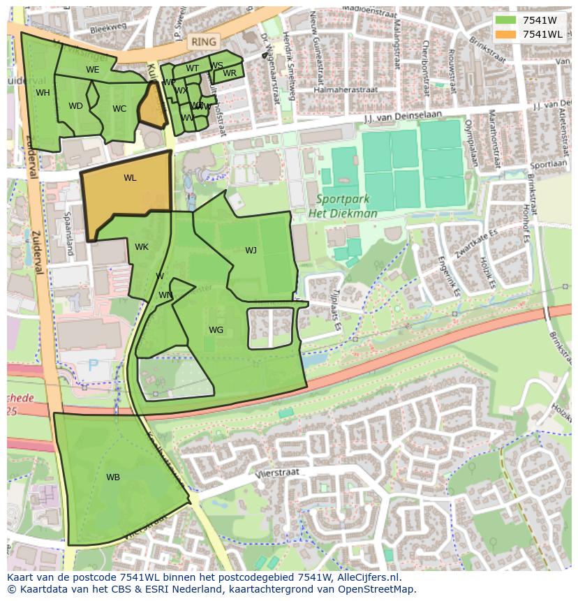Afbeelding van het postcodegebied 7541 WL op de kaart.