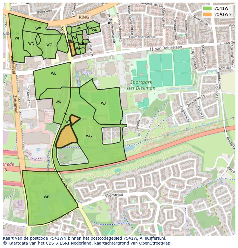 Afbeelding van het postcodegebied 7541 WN op de kaart.