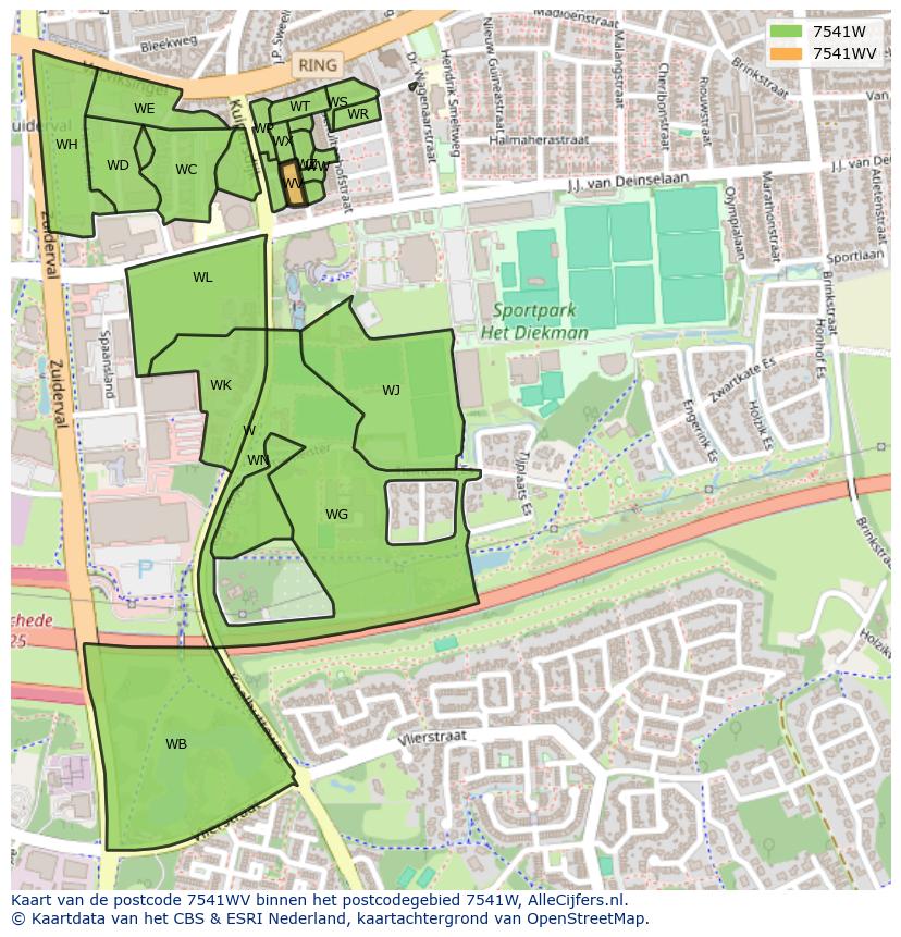 Afbeelding van het postcodegebied 7541 WV op de kaart.