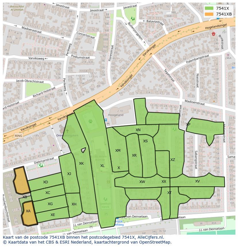 Afbeelding van het postcodegebied 7541 XB op de kaart.