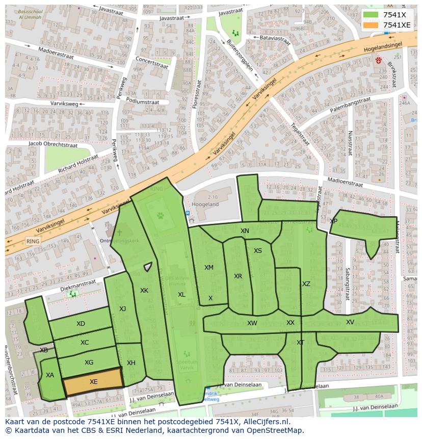 Afbeelding van het postcodegebied 7541 XE op de kaart.