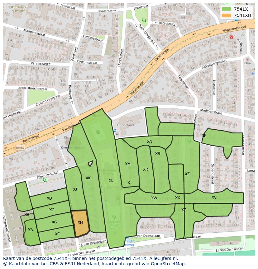 Afbeelding van het postcodegebied 7541 XH op de kaart.