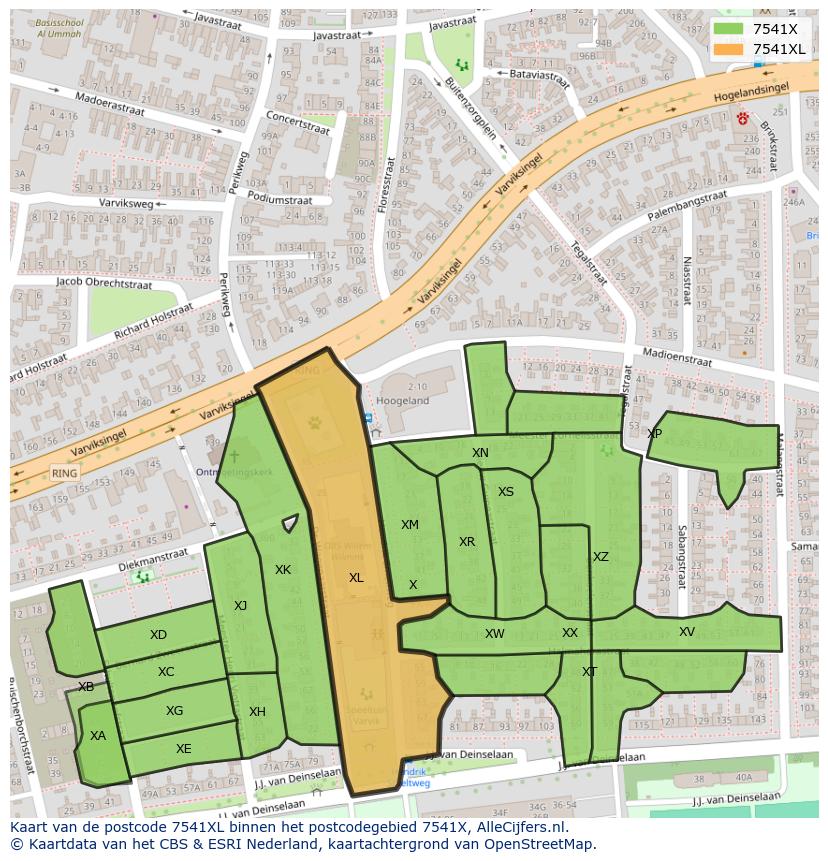 Afbeelding van het postcodegebied 7541 XL op de kaart.