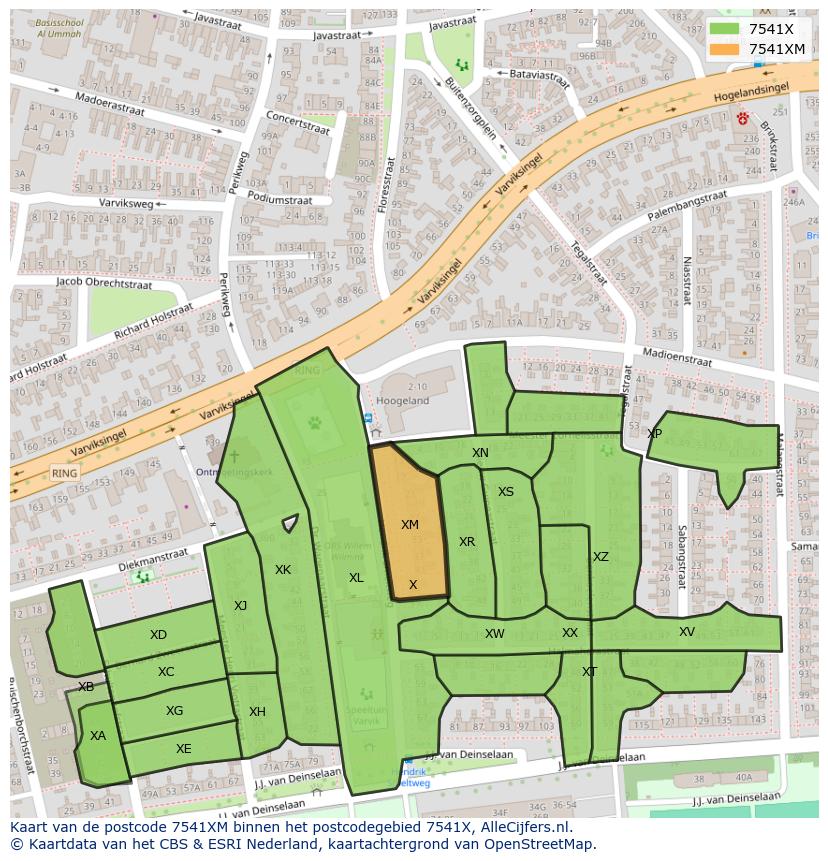 Afbeelding van het postcodegebied 7541 XM op de kaart.
