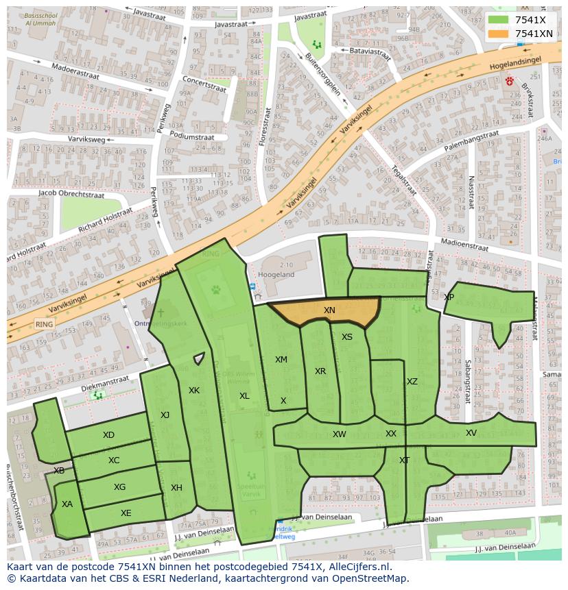 Afbeelding van het postcodegebied 7541 XN op de kaart.