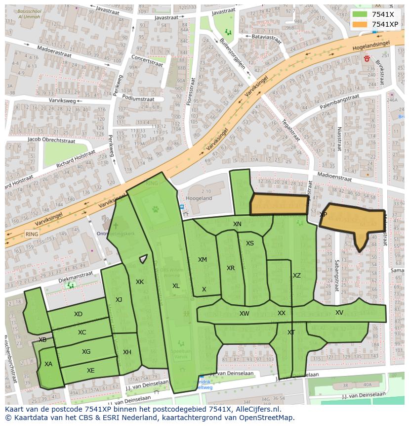 Afbeelding van het postcodegebied 7541 XP op de kaart.