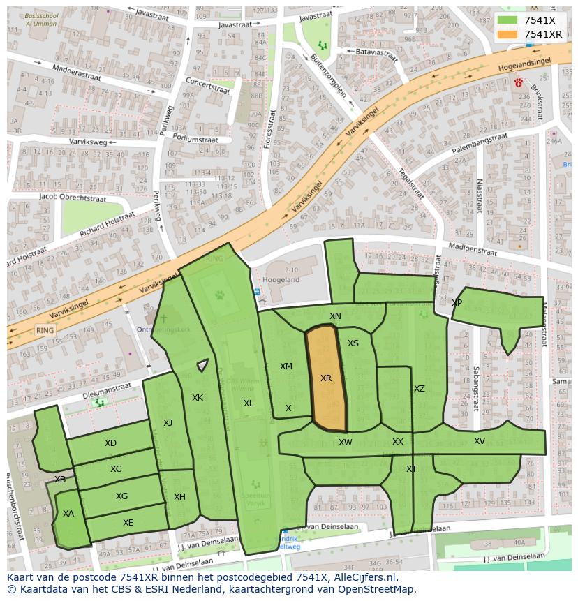 Afbeelding van het postcodegebied 7541 XR op de kaart.
